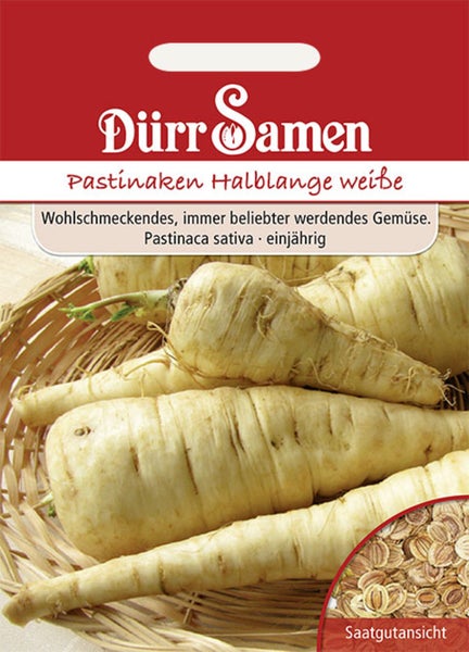 Samentüte für Pastinaken Halblange weiße von Dürr Samen mit Abbildung von Pastinaken in einem Korb und einer Detailansicht der Samen.