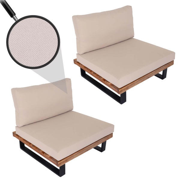 Zwei Outdoor-Lounge-Sessel aus Holz und Metall mit Stoffkissen und vergrößerter Ansicht der Gewebestruktur.