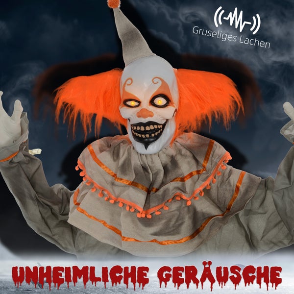 HOMCOM 183cm Halloween Dekoration Stehender Clown mit LED-Lichter, Soundfunktion, Haustür Deko mit verstellbare Arme, Garten Dekofigur in Lebensgröße für Party, Orange+Grau