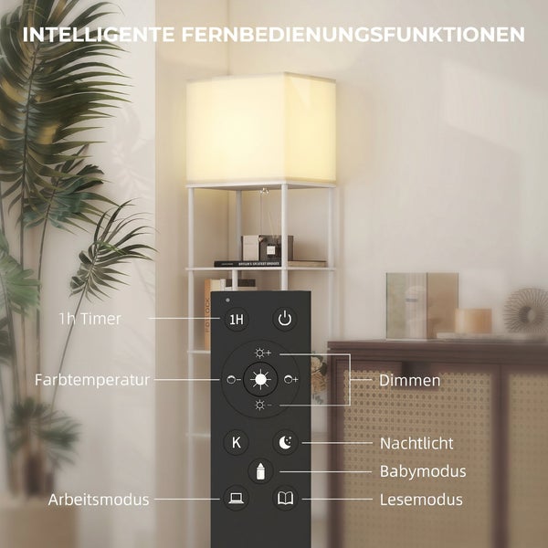Stehlampe mit Regal und Fernbedienung. Zeigt Funktionen wie Dimmen, Farbtemperatur, Timer, Nachtlicht, Babymodus, Arbeitsmodus und Lesemodus.