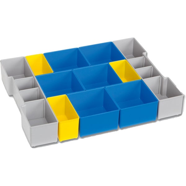 Einsatzboxen-Set aus Kunststoff für Sortimentskoffer, verschiedene Größen, mehrfarbig.
