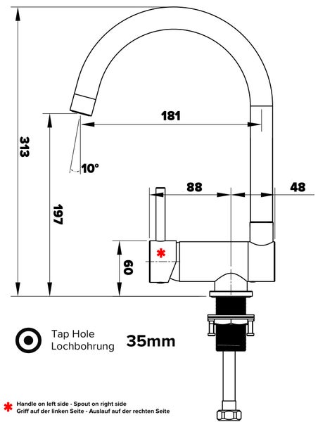 Wasserhahn Vorfenster Küchenarmatur, Umklappbar 6 CM, LINKER HEBEL, mit 360° schwenkbarem U-Auslauf, Verchromt