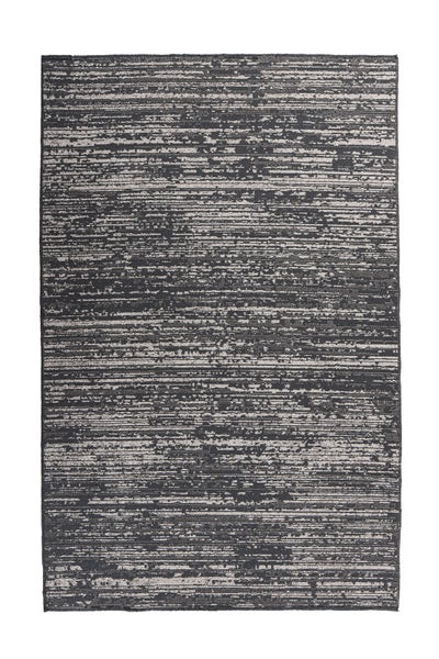 Rechteckiger Flachgewebe-Teppich mit horizontalem Streifenmuster im Vintage-Stil in dunklen und hellen Grautönen.