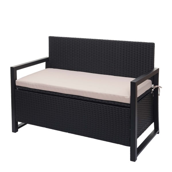 Schwarze Gartenbank aus Polyrattan mit integrierter Sitztruhe und hellen Sitzkissen.