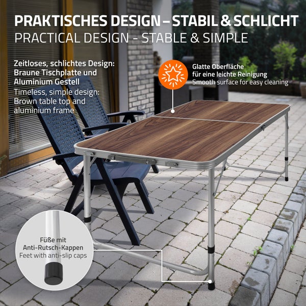 ECD Germany Campingtisch Klapptisch mit Tragegriff 120x60x55/63/70 cm Braun aus Aluminium und MDF Holzdekor höhenverstellbar klappbar - Falttisch Gartentisch Balkontisch Reisetisch Arbeitstisch Tisch