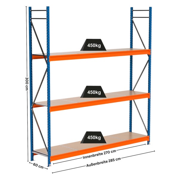 Hochregal mit drei Ebenen und Gewichtsangabe 450 Kilogramm