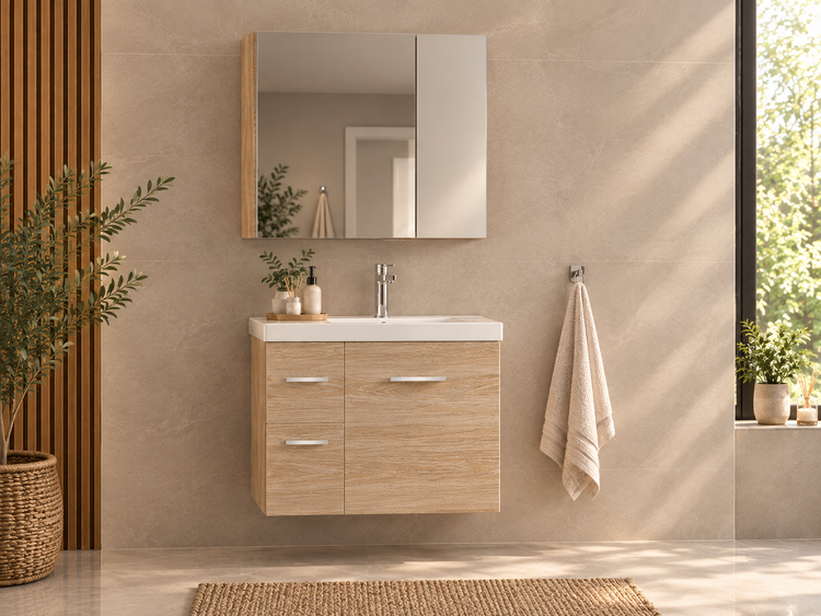 Modernes Badezimmer mit wandhängendem Waschtisch in Holzoptik, weißem Waschbecken, Spiegelschrank und beige gefliester Wand.