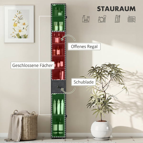 Schmaler Hochschrank für das Badezimmer mit geschlossenen Fächern, einem offenen Regal und einer Schublade zur organisierten Aufbewahrung.