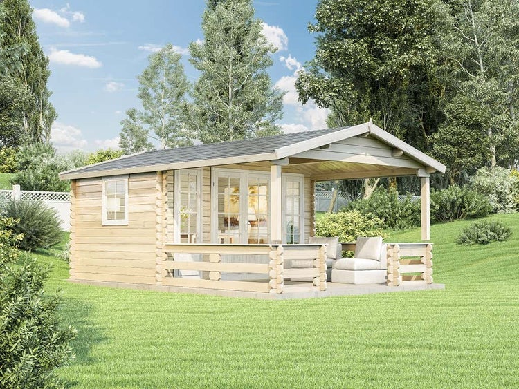 Alpholz Gartenhaus Lappland-B ISO Gartenhaus aus Holz Holzhaus mit 44 mm Wandstärke inklusive Terrasse FSC zertifiziert, Blockbohlenhaus mit Montagematerial imprägniert