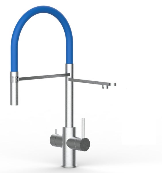 5 Wege Wasserhahn Küchenarmatur, Edelstahl Massiv mit 360° schwenkbarem Auslauf, abnehmbare 2 strahl Handbrause, Gebürstet / Blau