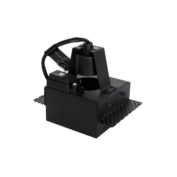 Einbaustrahler-Gehäuse aus schwarzem Metall mit perforierten Montageplatten für den bündigen Einbau.