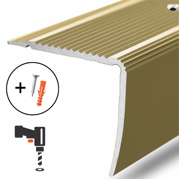 Treppenkantenprofil aus Aluminium, geriffelt, inklusive Schrauben und Dübeln, für Schraubmontage.