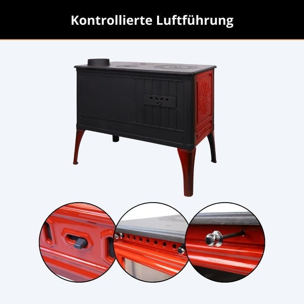 Holzherd mit verzierter Seitenwand, Kochplatte und Standfüßen sowie Detailansicht des 365 Logos.