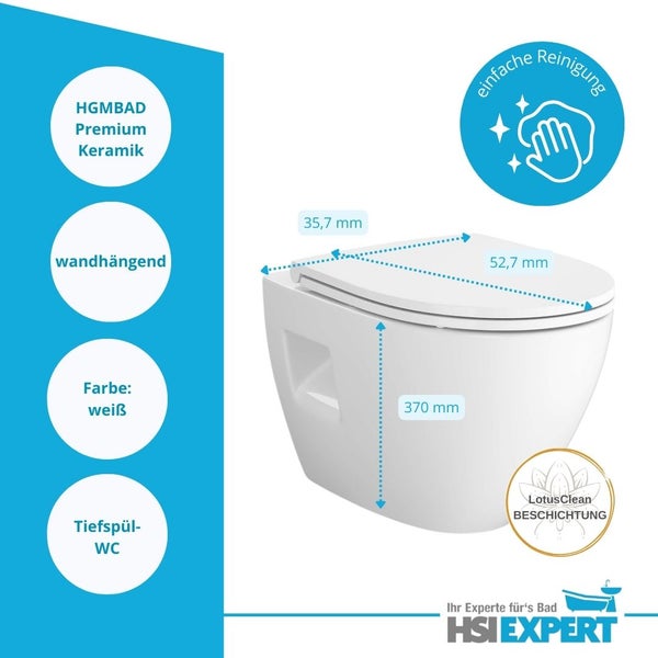 Wandtiefspültoilette mit den Maßen 35,7 mm, 52,7 mm und 370 mm mit LotusClean Beschichtung