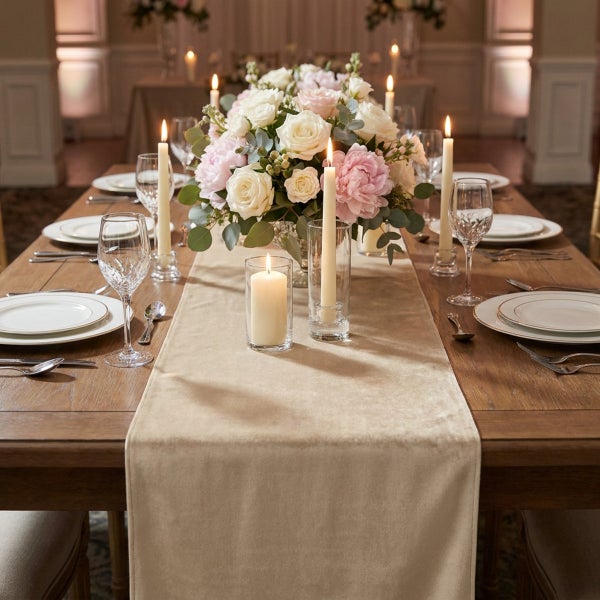 Festlich gedeckter Esstisch aus Holz mit beigem Tischläufer, Blumenarrangement und brennenden Kerzen in Glaswindlichtern für eine elegante Dekoration.
