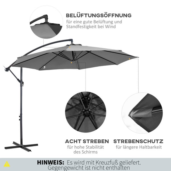 Outsunny Sonnenschirm Ampelschirm Kurbelschirm mit Handkurbel Rund, Stahlbogenstäbe und Stahl-Stehstäbe, Polyestergewebe, Grau, Ø2,95 x 2,45H m