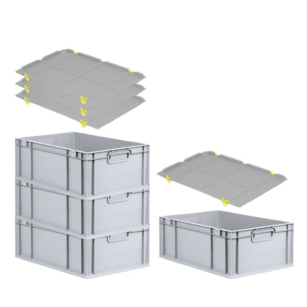 PROREGAL SuperSparSet 4x Eurobox NextGen Grip mit Auflagedeckel mit 4 Gelben Schiebeschnappverschlüssen HxBxT 22 x 40 x 60 cm 44 Liter