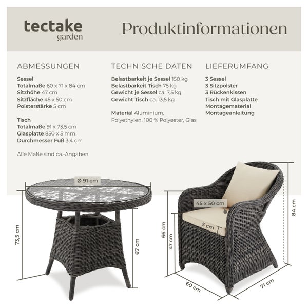 Rattan Sitzgruppe tectake Zürich Stühle vormontiert mit Aluminiumgestell grau