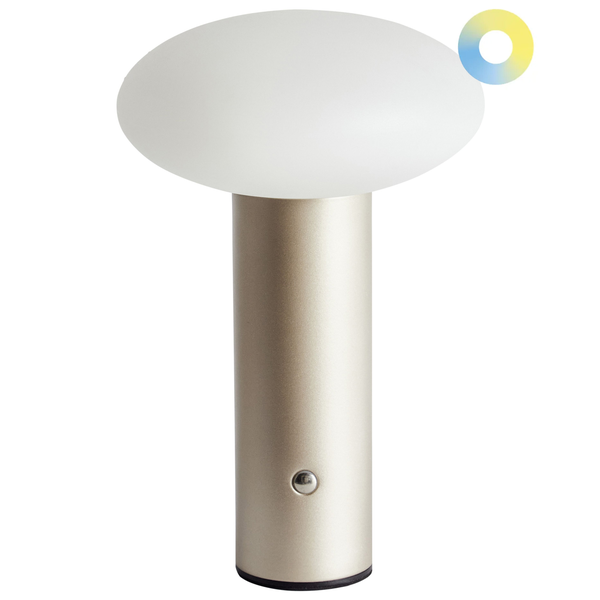 Tischleuchte mit rundem, opalem Lampenschirm und zylinderförmigem Fuß