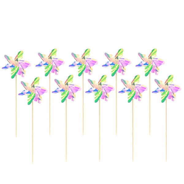 Set aus zehn Windrädern auf Holzstäben mit reflektierenden Kunststoffflügeln für den Garten.