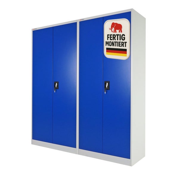 ProRegal Stahlschrank mit vier blauen Türen, abschließbar, fertig montiert geliefert.