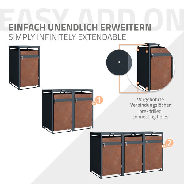 ML-Design Mülltonnenbox 1er für 1 Tonne 240L 68x80x116,3 cm, Anthrazit-Rostoptik, Stahl/Cortenstahl, Abschließbare Mülltonnenverkleidung Klappdeckel/Tür, Müllbox Mülltonnecontainer Mülltonnenabdeckung