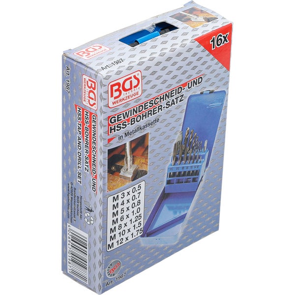 BGS Technic Gewindeschneid- und HSS-Bohrersatz in Metallkassette, 16-teilig, Verpackung