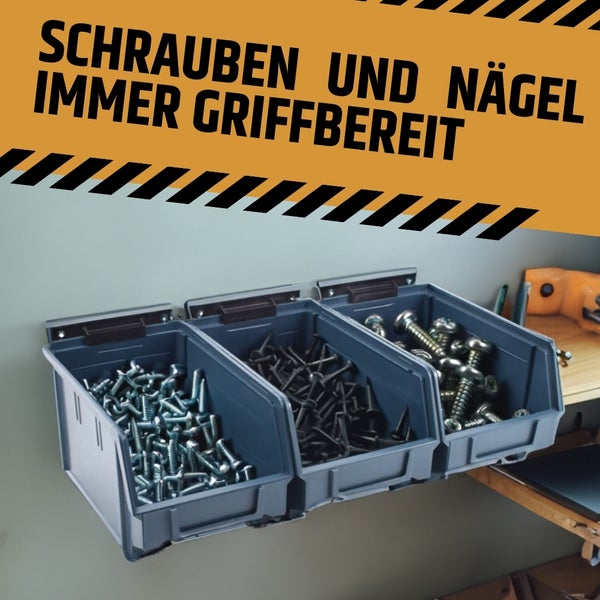 Stapelboxen Schraubenbox Lagerboxen Stapelboxen Werkstatt Sichtlagerboxen klein groß Set Wandhalterung Wand 6x Stapelbox Gr.2 + Metallschiene