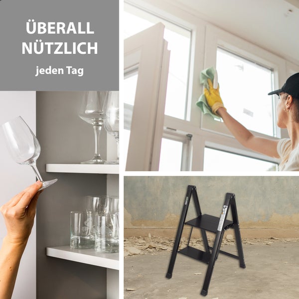 Collage mit Glaswaren, Fensterreinigung und Trittleiter