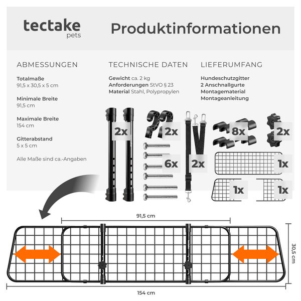 tectake pets Logo. Infografik mit Abmessungen circa 91,5 bis 154 Zentimeter Breite, technischen Daten und Lieferumfang für das Hundeschutzgitter.