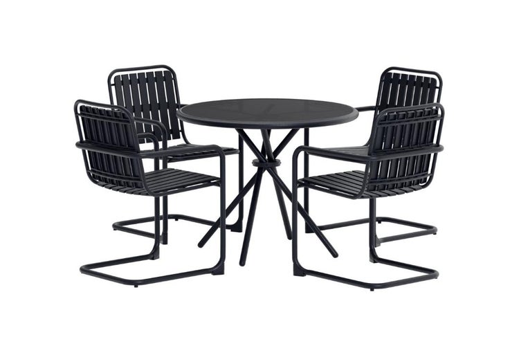 Gartenmöbel-Set aus Metall in Schwarz, bestehend aus einem runden Tisch und drei Armlehnenstühlen mit Lattendesign.