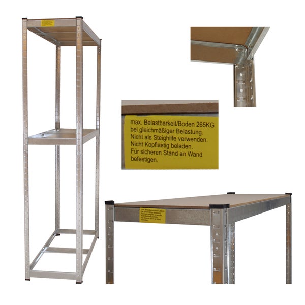 Metallregal mit drei Holzböden und einer maximalen Traglast von 265 Kilogramm pro Boden