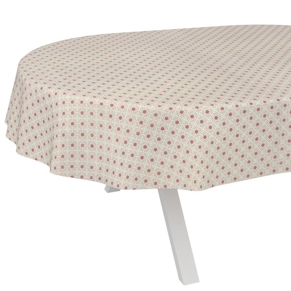 Ovale Tischdecke mit sich wiederholendem geometrischem Ornamentmuster.