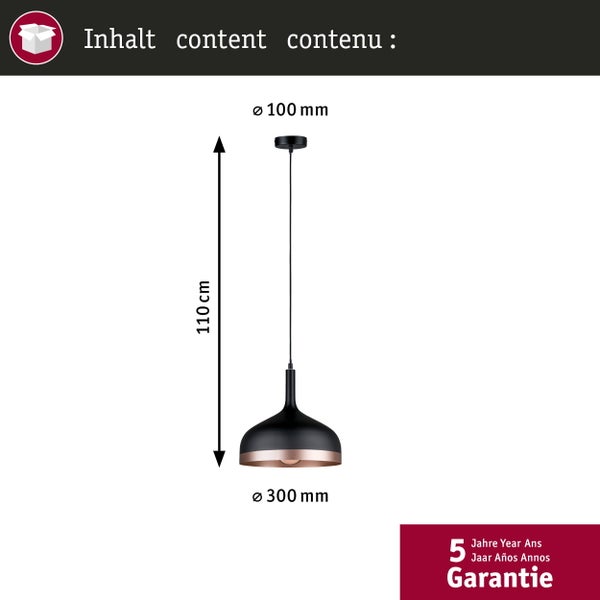 Pendelleuchte mit 110 Zentimeter Höhe, 300 Millimeter Schirmdurchmesser, 100 Millimeter Baldachindurchmesser und 5 Jahren Garantie.