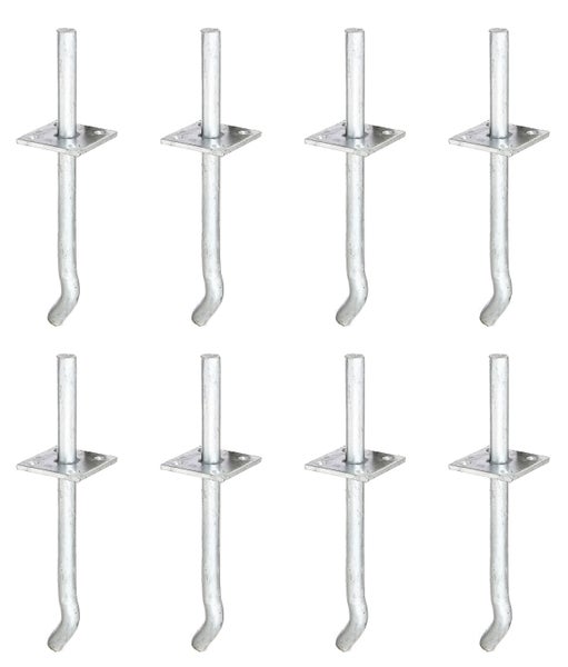 Acht verzinkte Betonanker mit quadratischer Grundplatte und abgewinkeltem Ende zur sicheren Befestigung im Fundament.
