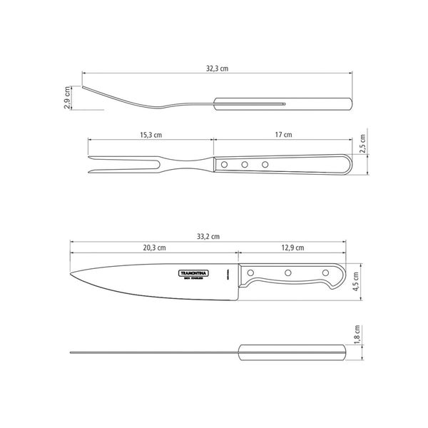 Abbildung von Fleischgabel und Messer mit Größenangaben