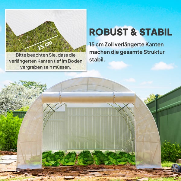 Stabiles Folientunnel-Gewächshaus mit Netzfolie und 15 Zentimeter langem Rand zum Eingraben im Boden, bepflanzt mit Salat im Garten.
