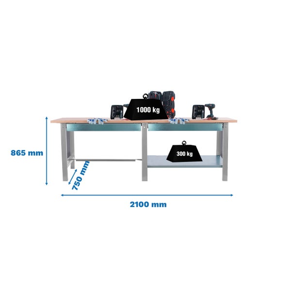 Werkbank BUFFALO WOOD mit 2x Schublade| HxBxT 86,5x210x75cm | Traglast 1000kg | Grau