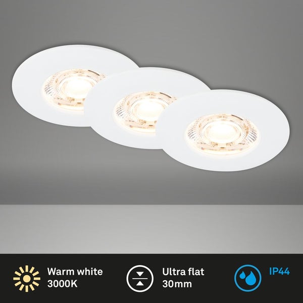 BRILONER KULANA MINI LED Einbaustrahler Bad, 3er Set, IP44 Spritzwasserschutz, Flaches Design, Warmweißes Licht, weiß, 6,5 x 2,5 cm
