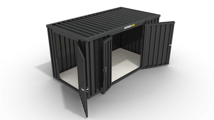 Lagercontainer Gerätehaus L  – 8 qm, H2150 x B4050 x T2170 mm, Außenwandlackierung anthrazit, Dach außen verzinkt, mit Holzfußboden, 1830 mm Doppelflügeltür mittig in Breitseite und 1270 mm Einflügeltür mittig in Stirnseite, montiert