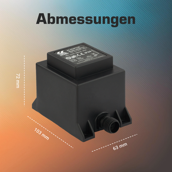 Transformator mit Abmessungen: Höhe 72 Millimeter, Länge 103 Millimeter und Breite 63 Millimeter.