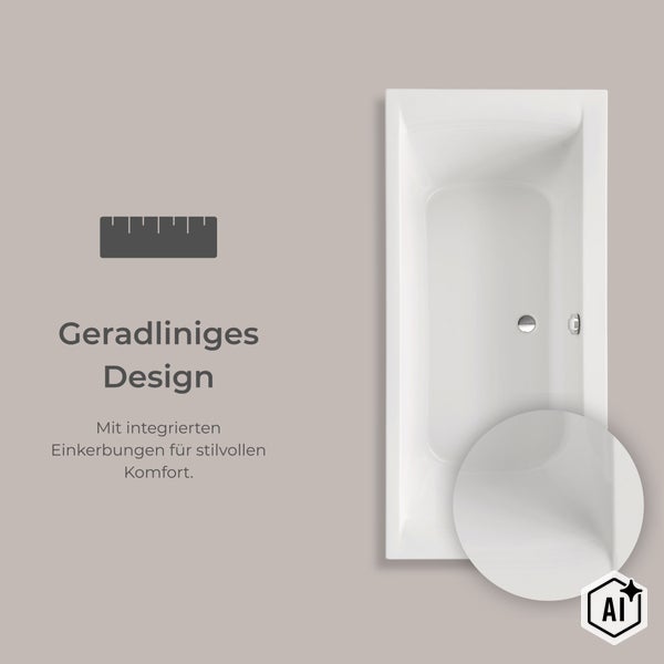 Rechteckige Badewanne mit geradlinigem Design und integrierten Einkerbungen in der Draufsicht.