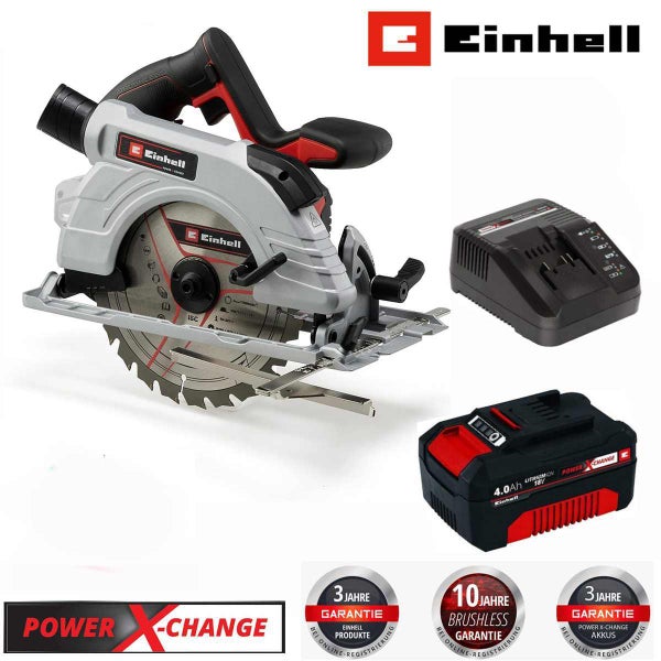 Einhell Akku Handkreissäge mit Brushless Motor, 4.0 Amperestunden Power X Change Akku, Ladegerät und Einhell Logo