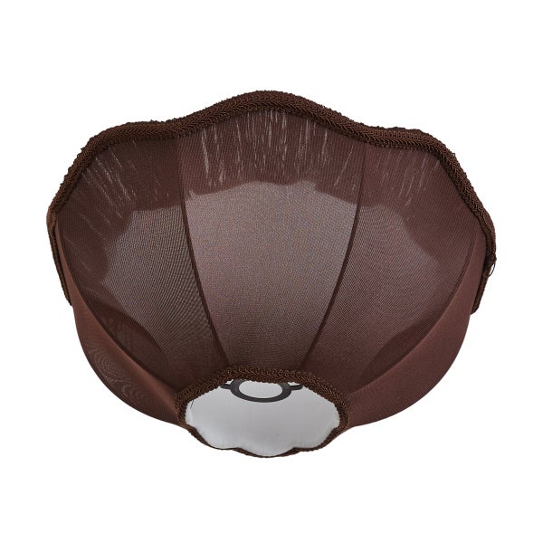 Brauner Lampenschirm aus Stoff mit Wellenrand und Metallhalterung.