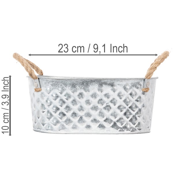 Ovaler Metall-Pflanztopf in Silber mit Rautenmuster und Seilgriffen, Breite 23 Zentimeter, 9,1 Zoll, Höhe 10 Zentimeter, 3,9 Zoll.