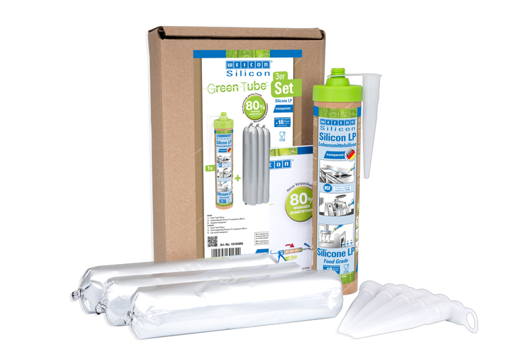 Weicon Silikon Green Tube Set mit Silikonkartusche, drei Schlauchbeuteln und fünf Clipdüsen