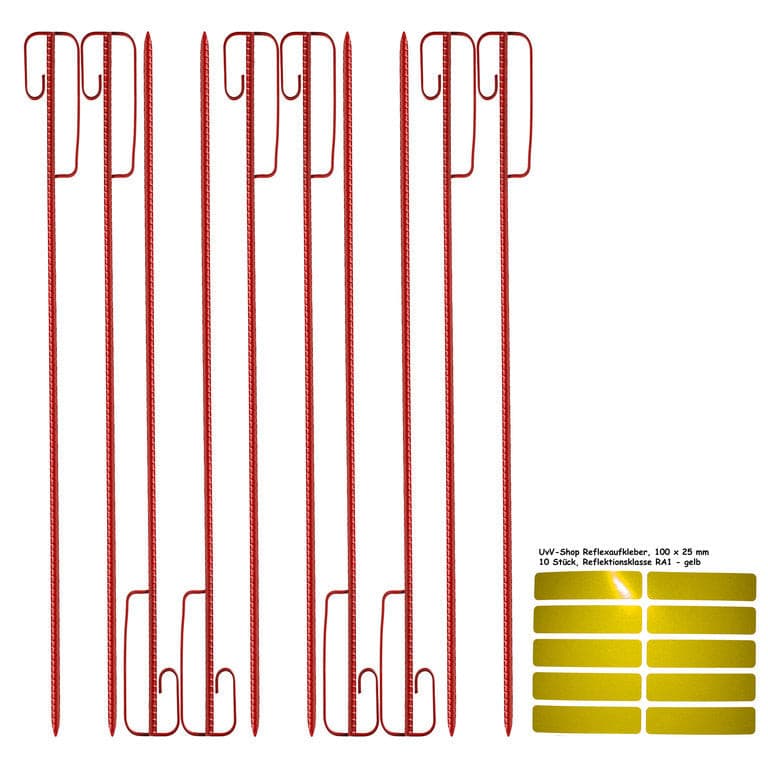 Absperrleinenhalter rot 1200 mm lang + 10 Reflexsticker / Reflexfolie gelb
