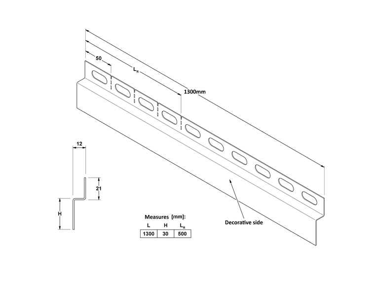 Technische Zeichnung eines Metallprofils mit Maßen: Länge 1300 Millimeter, Höhe 30 Millimeter und Rastermaß 500 Millimeter.