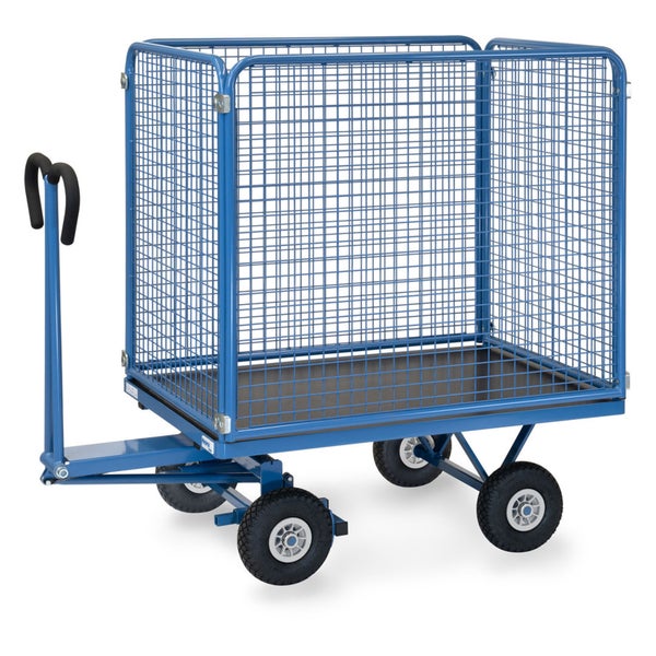 Blauer Handwagen mit Gitterwänden, schwarzer Ladefläche, Luftbereifung und Deichsel.