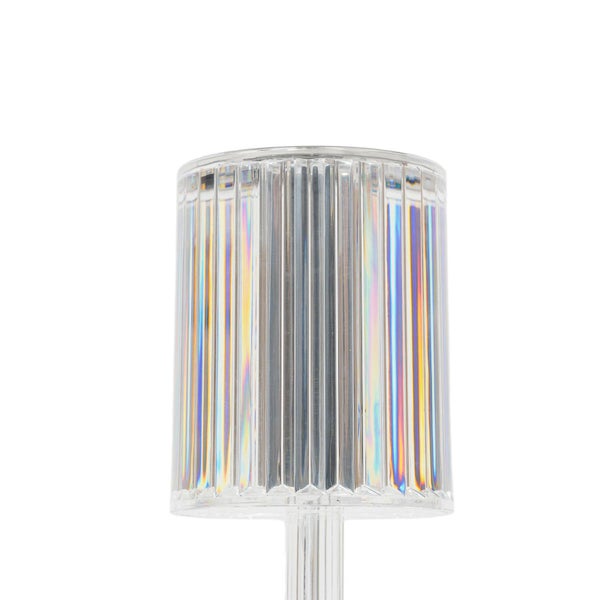 Zylindrischer Lampenschirm aus transparentem Kunststoff mit geriffelter Oberfläche und irisierendem Effekt.